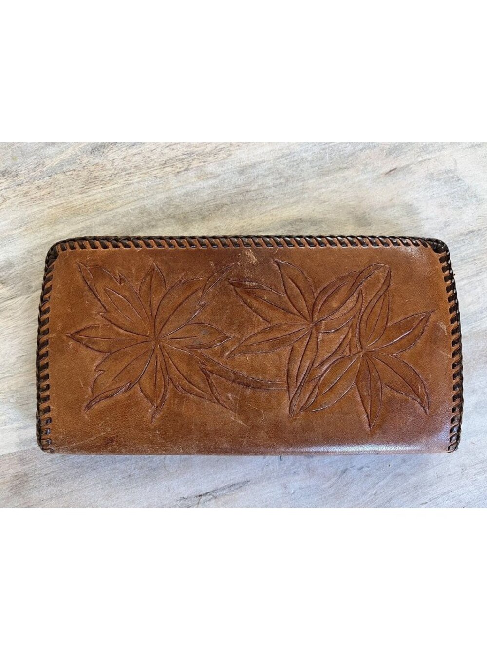 Vtg Boho Floral Tooled Leather Wallet with Braided Trim Rustic Western Style